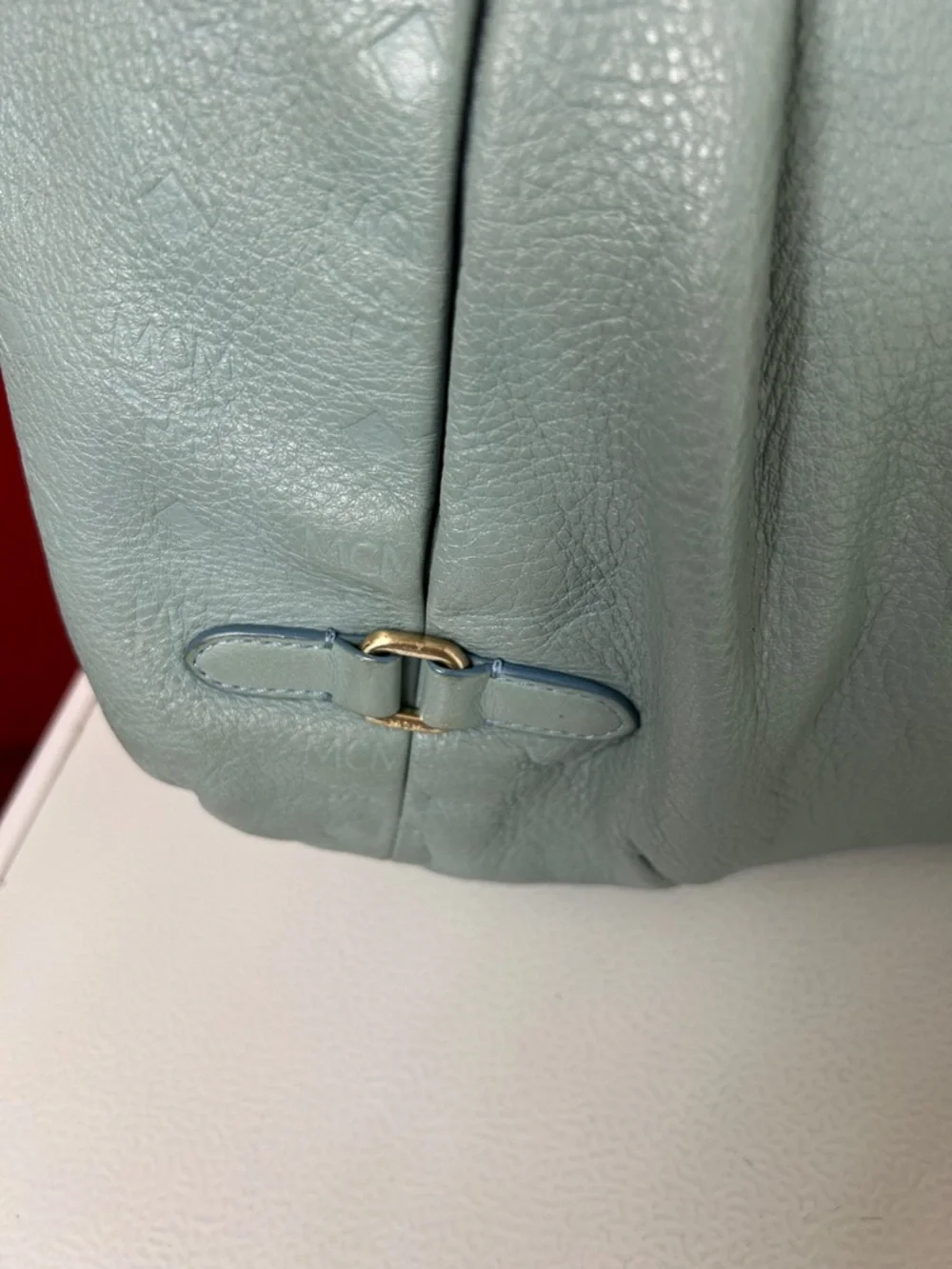 MCM Pale Blue Pebbled Leather Drawstring Hobo Bag - Picture 3 of 15